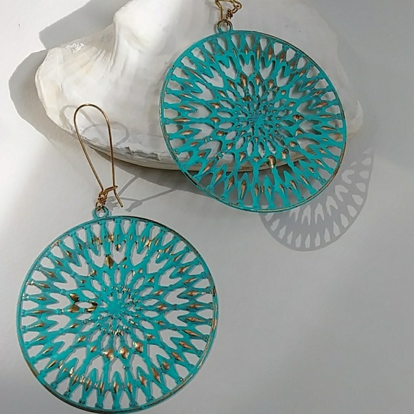 Blue Gold Circle Yoga Medallion Boho Earring - Picture 4 of 8